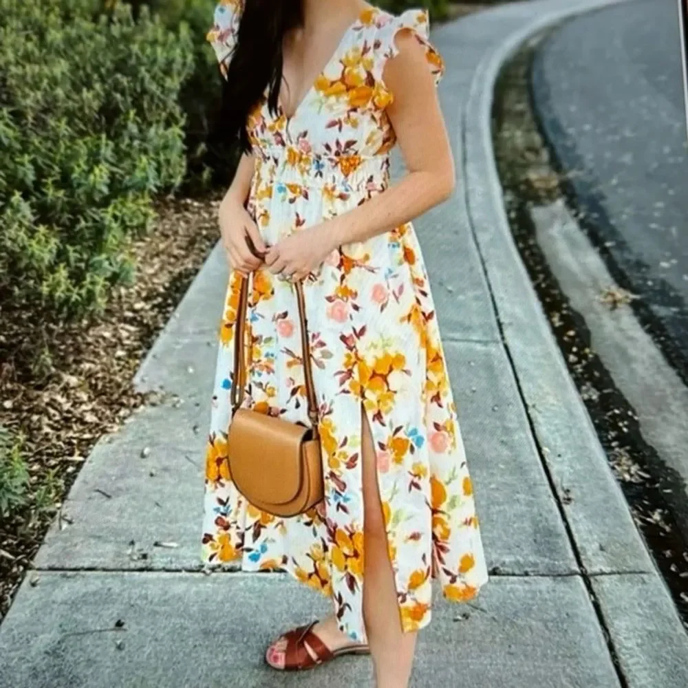 NWT Abercrombie & Fitch Yellow Ruffled Sleeve Floral Cotton Dress sz M